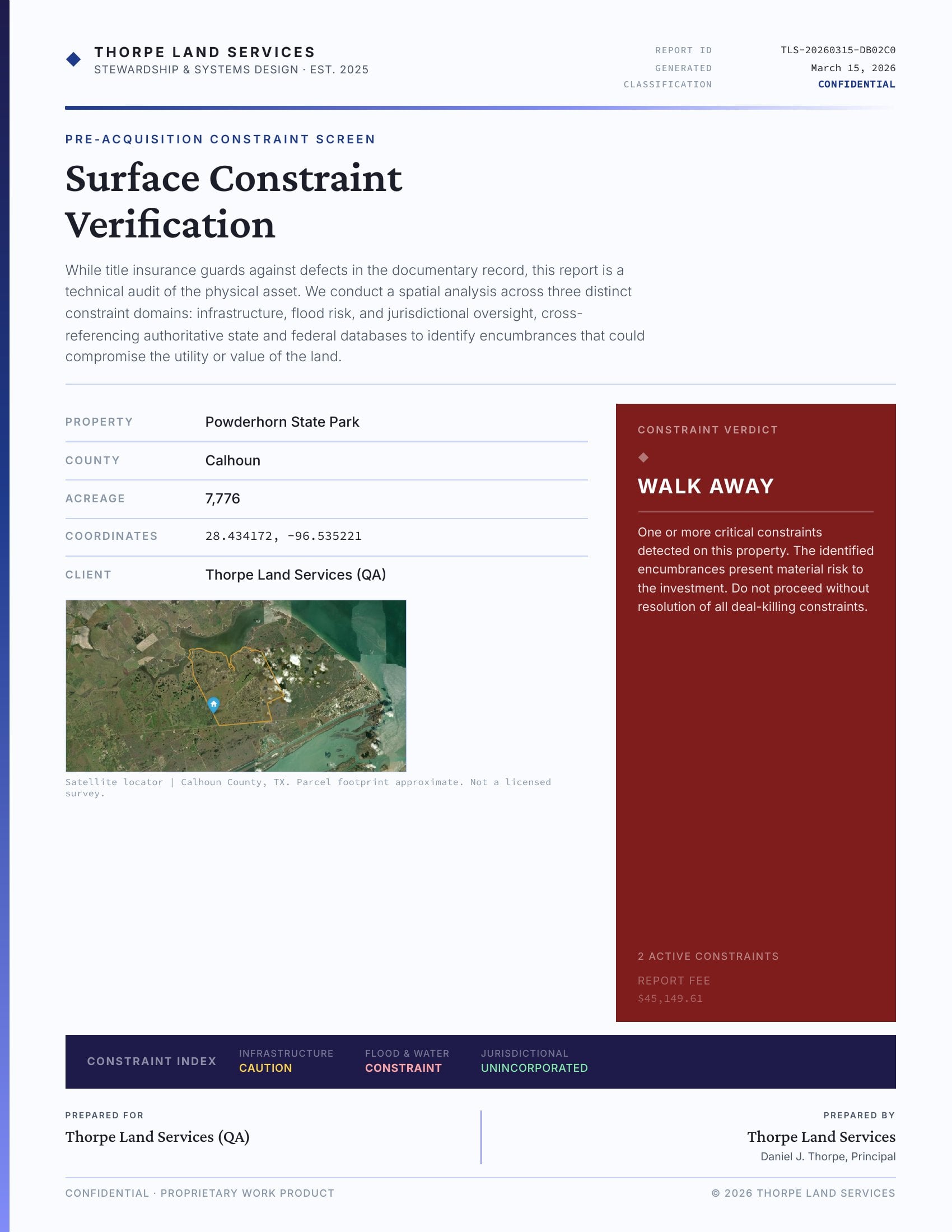 Constraint screen cover page with property summary and verdict